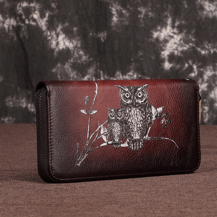 Süße Eulen-Geldbörse, lange Retro-Clutch aus echtem Leder