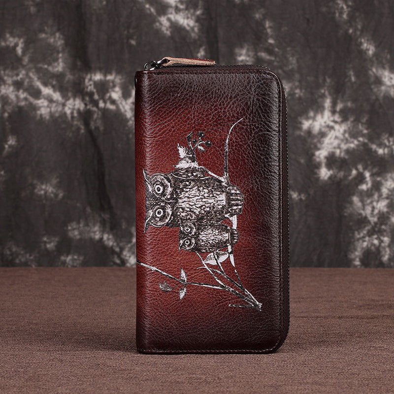 Süße Eulen-Geldbörse, lange Retro-Clutch aus echtem Leder
