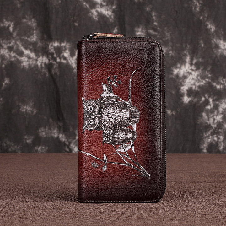 Süße Eulen-Geldbörse, lange Retro-Clutch aus echtem Leder