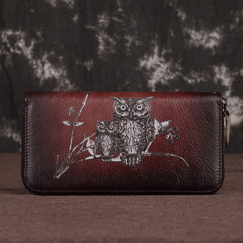 Süße Eulen-Geldbörse, lange Retro-Clutch aus echtem Leder