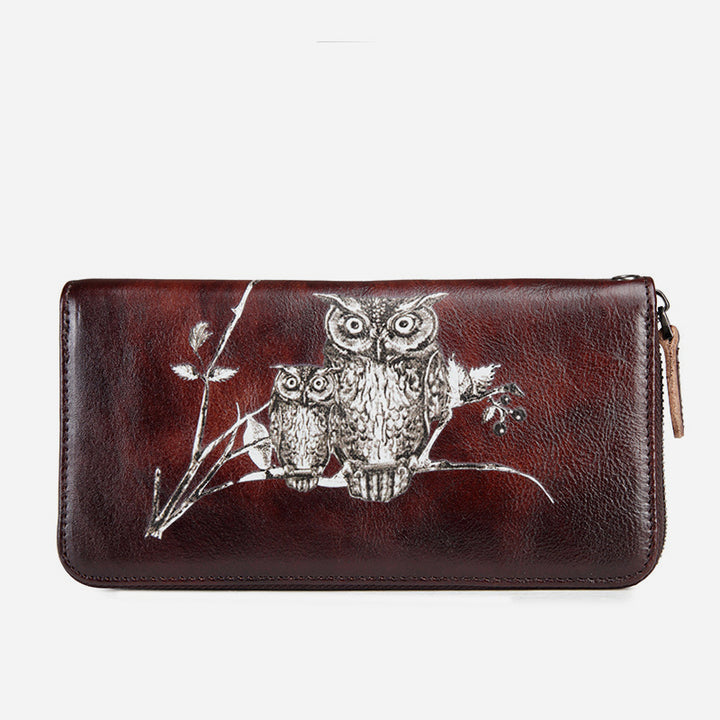 Süße Eulen-Geldbörse, lange Retro-Clutch aus echtem Leder