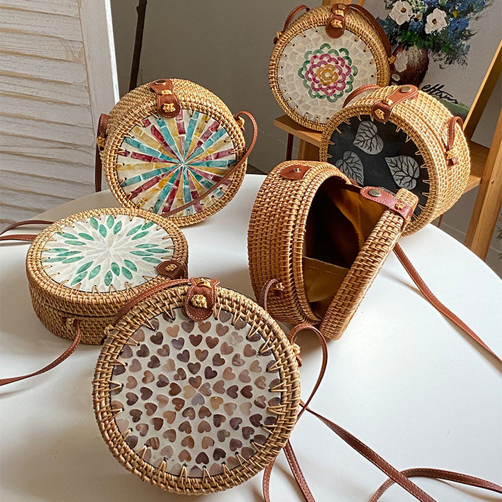 Runde Tasche aus Rattan-Stroh, Vintage, süße Umhängetasche, Reisegeldbörse