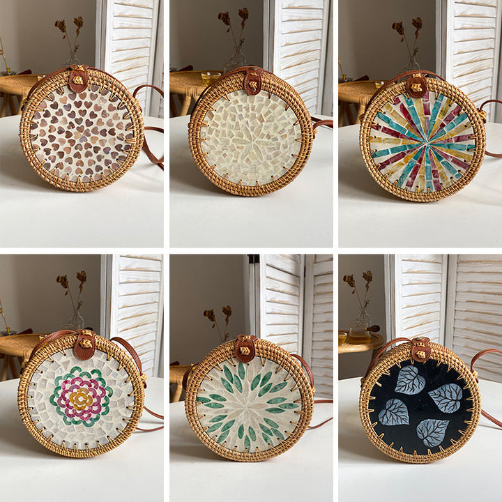 Runde Tasche aus Rattan-Stroh, Vintage, süße Umhängetasche, Reisegeldbörse