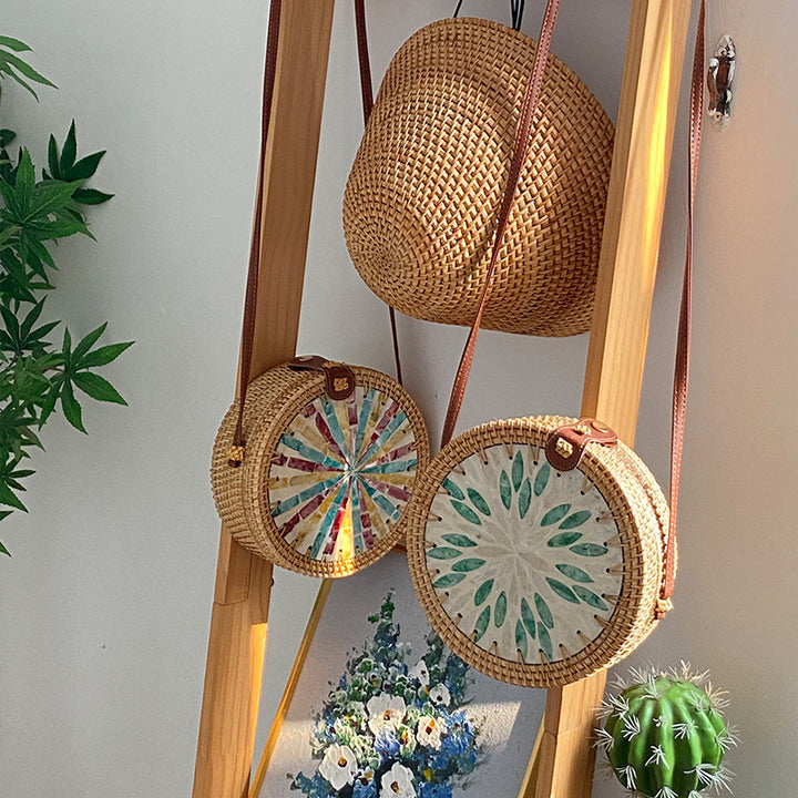 Runde Tasche aus Rattan-Stroh, Vintage, süße Umhängetasche, Reisegeldbörse