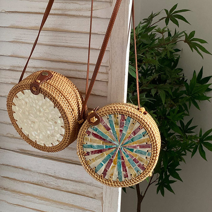 Runde Tasche aus Rattan-Stroh, Vintage, süße Umhängetasche, Reisegeldbörse