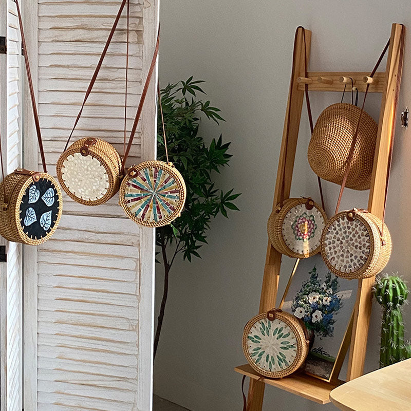 Runde Tasche aus Rattan-Stroh, Vintage, süße Umhängetasche, Reisegeldbörse