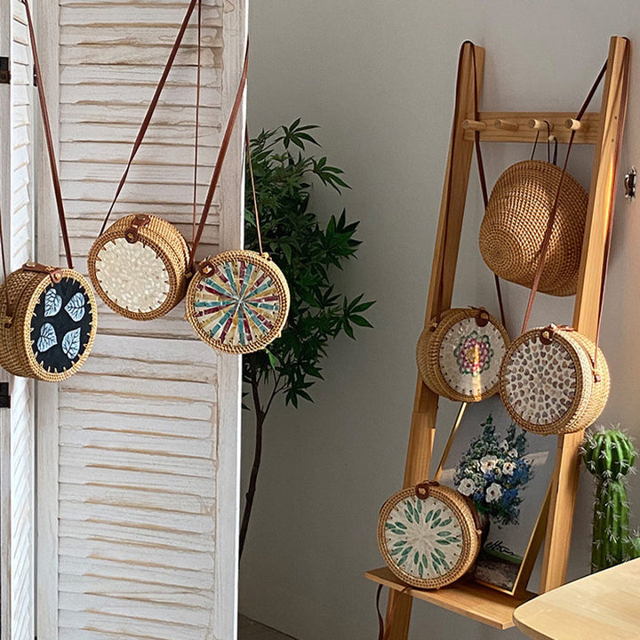 Runde Tasche aus Rattan-Stroh, Vintage, süße Umhängetasche, Reisegeldbörse