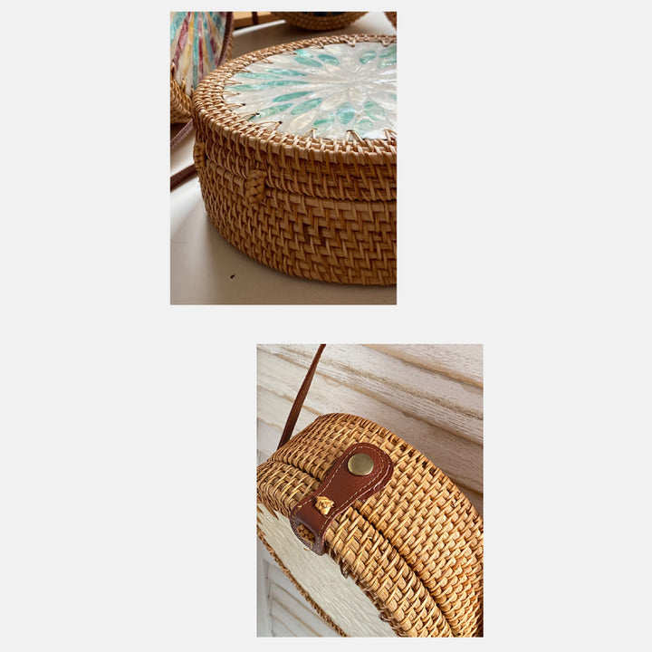 Runde Tasche aus Rattan-Stroh, Vintage, süße Umhängetasche, Reisegeldbörse