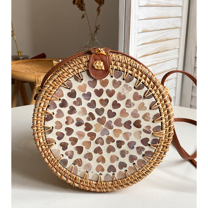 Runde Tasche aus Rattan-Stroh, Vintage, süße Umhängetasche, Reisegeldbörse