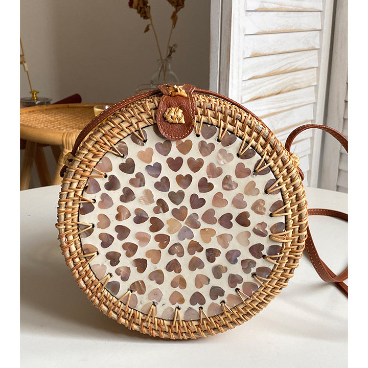 Runde Tasche aus Rattan-Stroh, Vintage, süße Umhängetasche, Reisegeldbörse