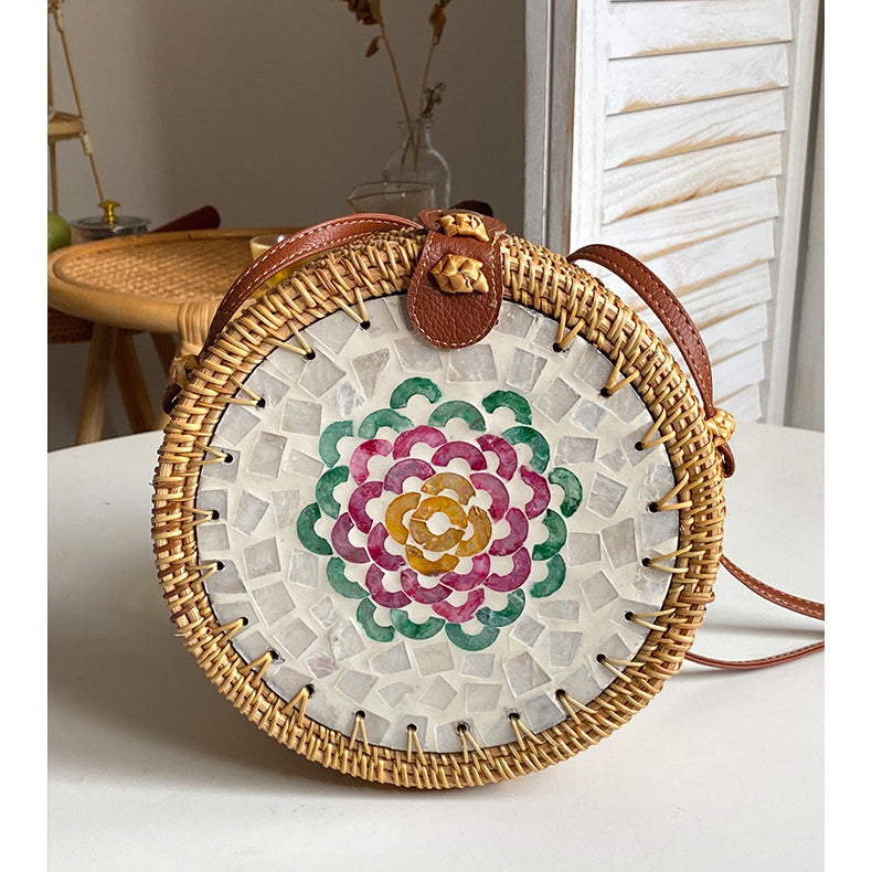 Runde Tasche aus Rattan-Stroh, Vintage, süße Umhängetasche, Reisegeldbörse