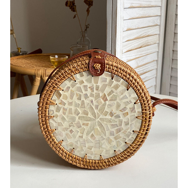 Runde Tasche aus Rattan-Stroh, Vintage, süße Umhängetasche, Reisegeldbörse