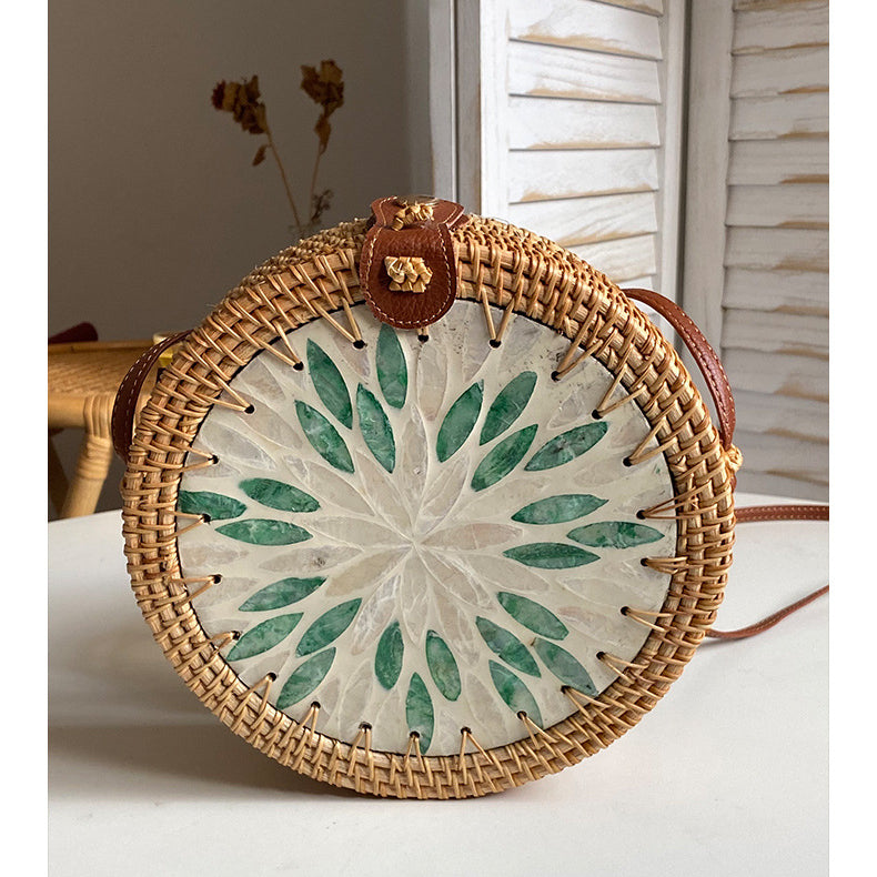 Runde Tasche aus Rattan-Stroh, Vintage, süße Umhängetasche, Reisegeldbörse