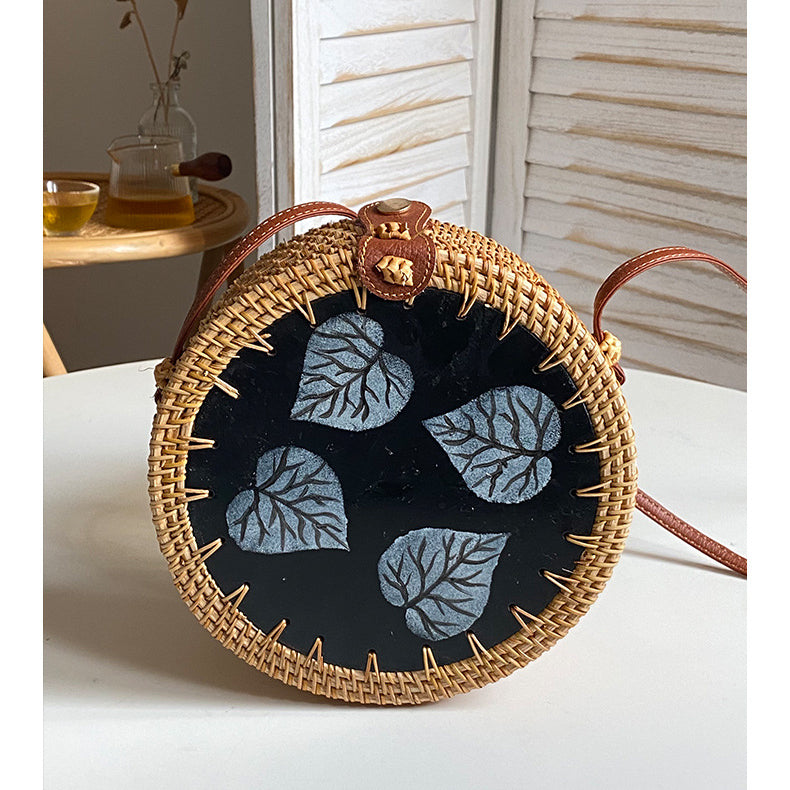 Runde Tasche aus Rattan-Stroh, Vintage, süße Umhängetasche, Reisegeldbörse