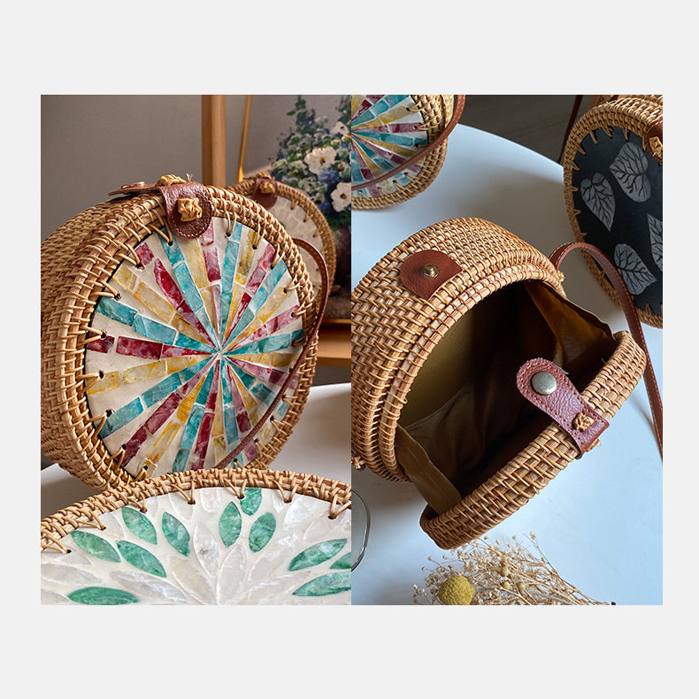 Runde Tasche aus Rattan-Stroh, Vintage, süße Umhängetasche, Reisegeldbörse