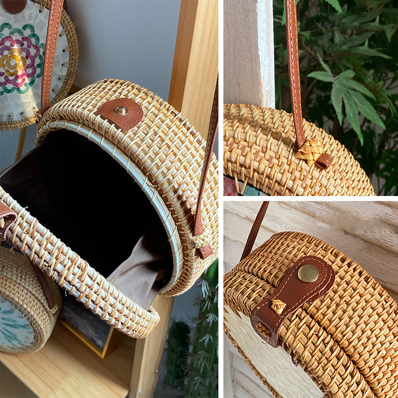 Runde Tasche aus Rattan-Stroh, Vintage, süße Umhängetasche, Reisegeldbörse