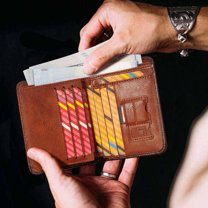 Ultradünne dreifach gefaltete Brieftasche für Männer mit RFID-Leder, kurze Geldbörse