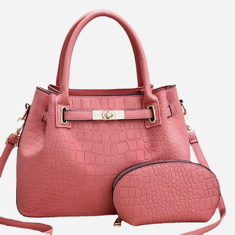 Elegantes Taschenset, einfarbig, Krokodildruck, Geldbörse mit Henkel