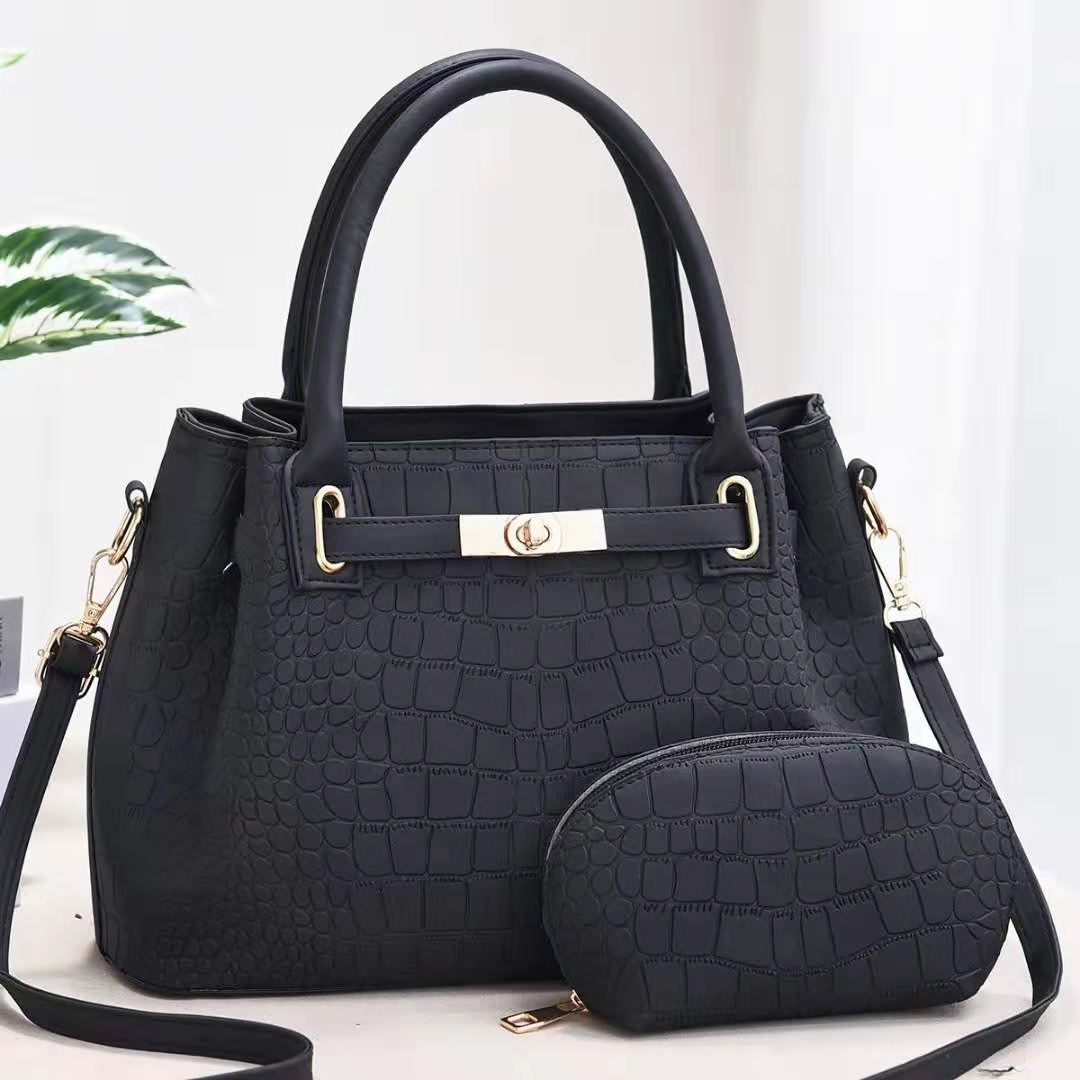Elegantes Taschenset, einfarbig, Krokodildruck, Geldbörse mit Henkel