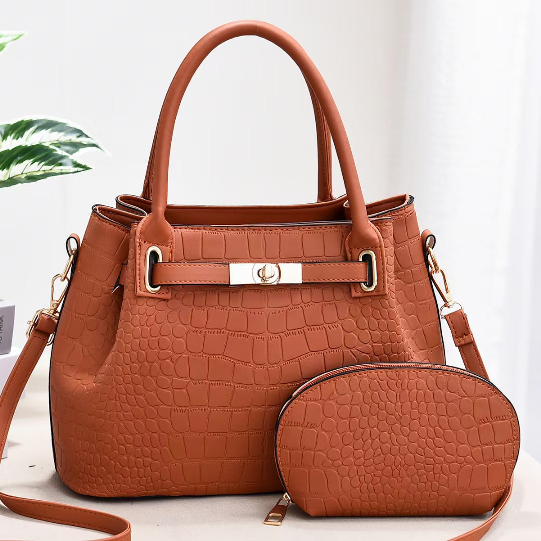 Elegantes Taschenset, einfarbig, Krokodildruck, Geldbörse mit Henkel