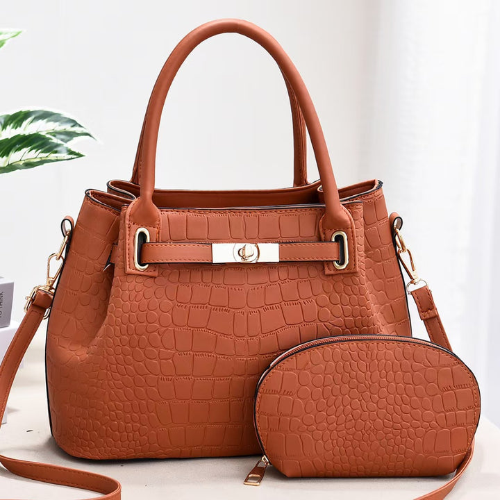 Elegantes Taschenset, einfarbig, Krokodildruck, Geldbörse mit Henkel