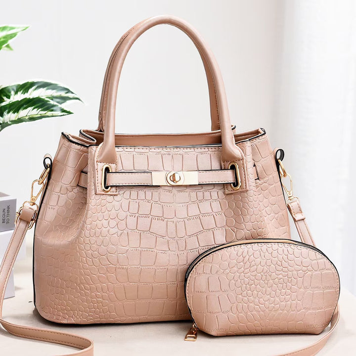 Elegantes Taschenset, einfarbig, Krokodildruck, Geldbörse mit Henkel