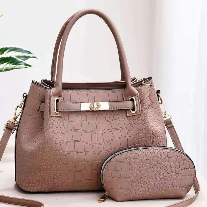 Elegantes Taschenset, einfarbig, Krokodildruck, Geldbörse mit Henkel