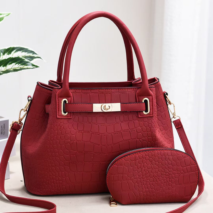 Elegantes Taschenset, einfarbig, Krokodildruck, Geldbörse mit Henkel