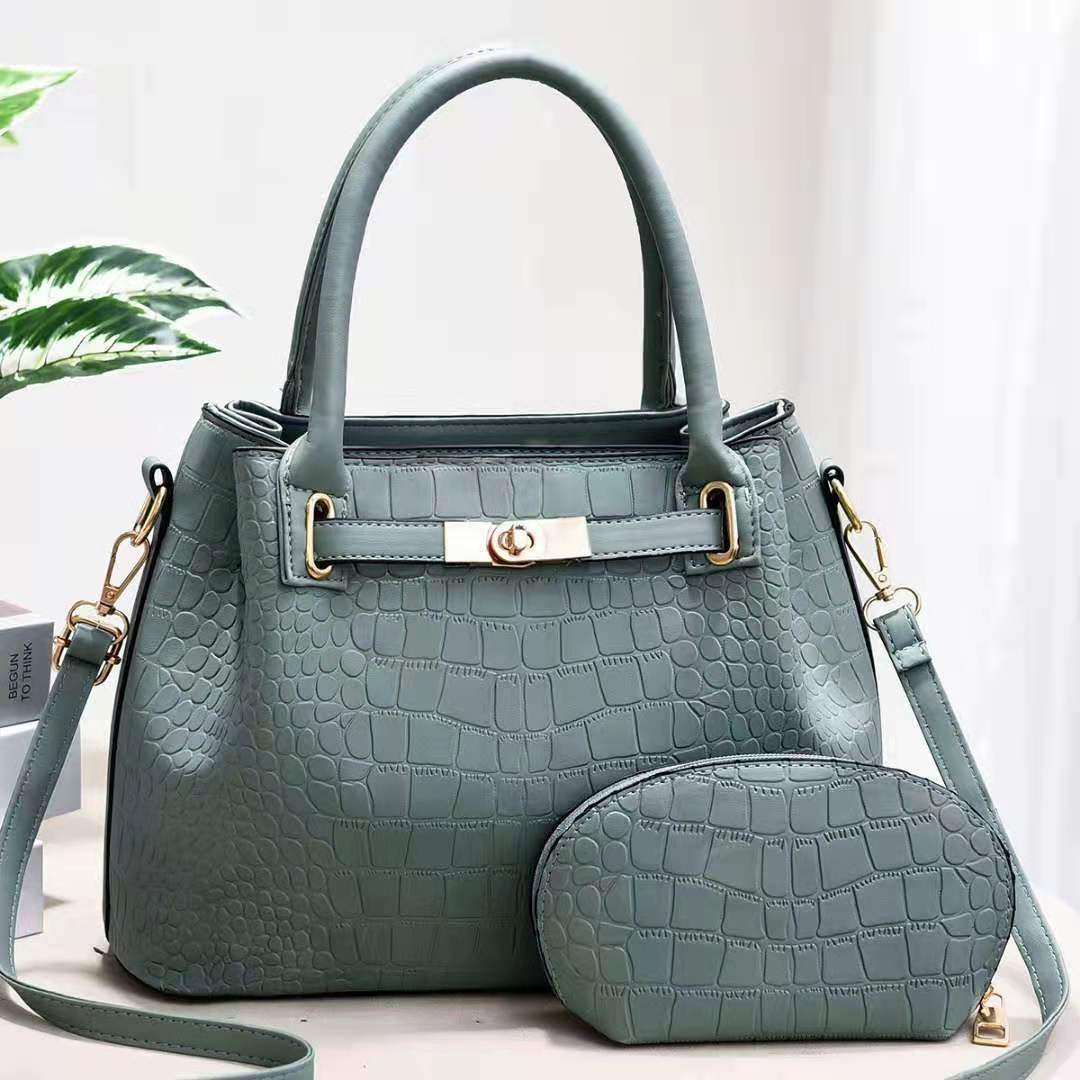 Elegantes Taschenset, einfarbig, Krokodildruck, Geldbörse mit Henkel