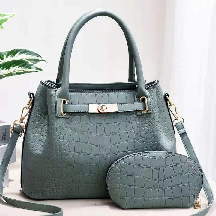 Elegantes Taschenset, einfarbig, Krokodildruck, Geldbörse mit Henkel