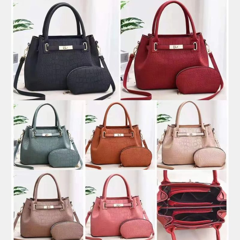 Elegantes Taschenset, einfarbig, Krokodildruck, Geldbörse mit Henkel