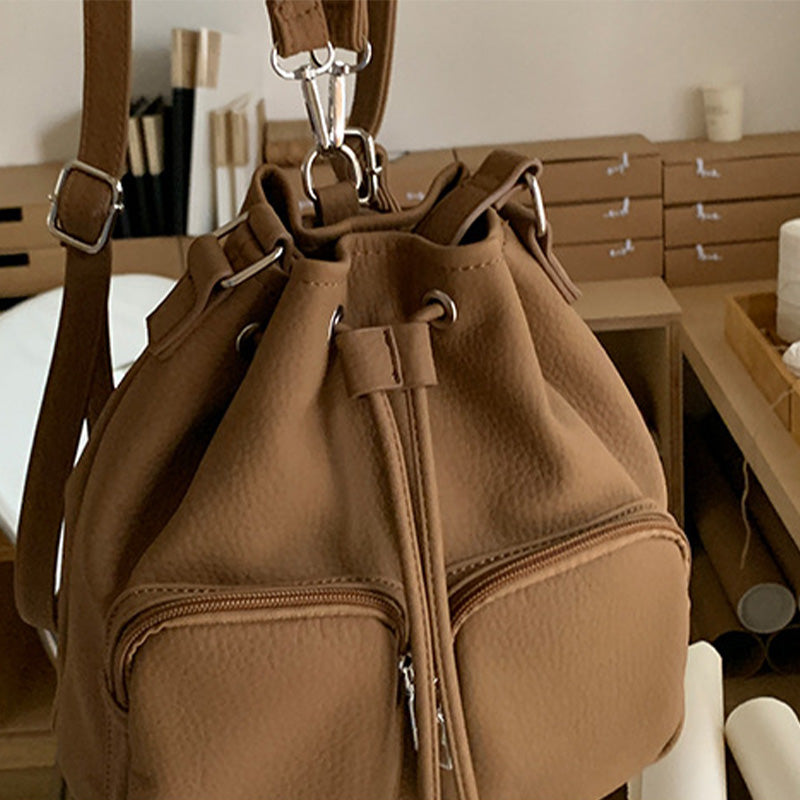 Beuteltasche mit Kordelzug für Damen, minimalistischer, wandelbarer Lederrucksack