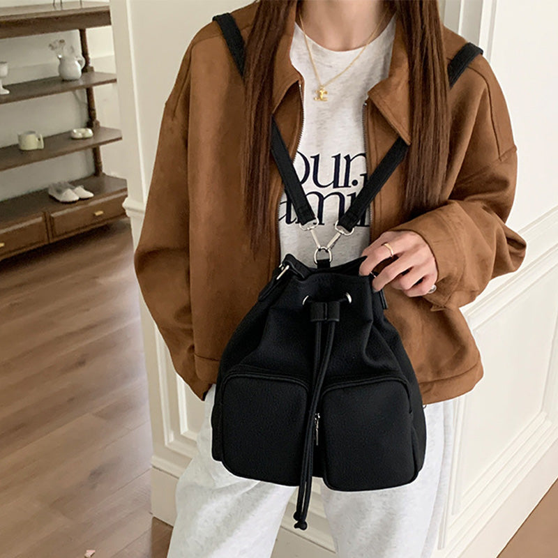 Beuteltasche mit Kordelzug für Damen, minimalistischer, wandelbarer Lederrucksack