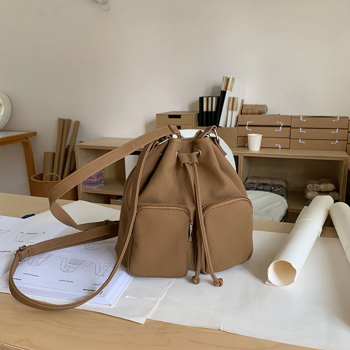Beuteltasche mit Kordelzug für Damen, minimalistischer, wandelbarer Lederrucksack