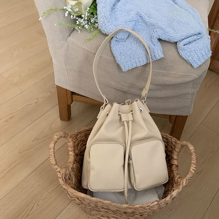 Beuteltasche mit Kordelzug für Damen, minimalistischer, wandelbarer Lederrucksack