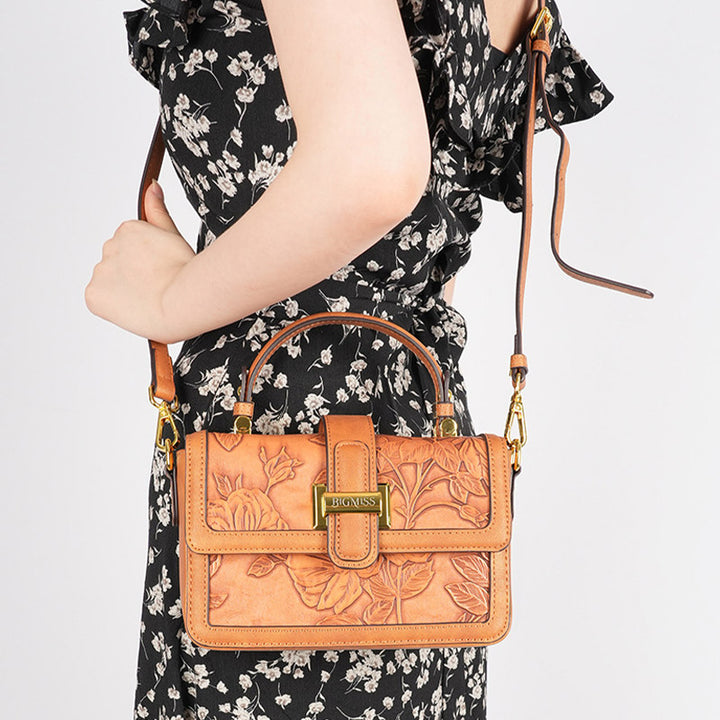 Quadratische Tasche mit Blumenmuster für Pendler, Clamshell-Handtasche aus Leder