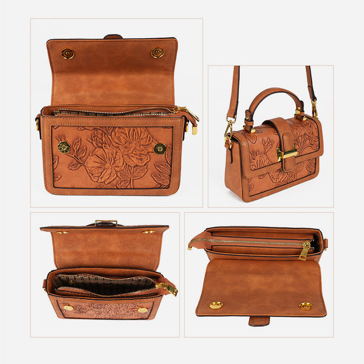 Quadratische Tasche mit Blumenmuster für Pendler, Clamshell-Handtasche aus Leder