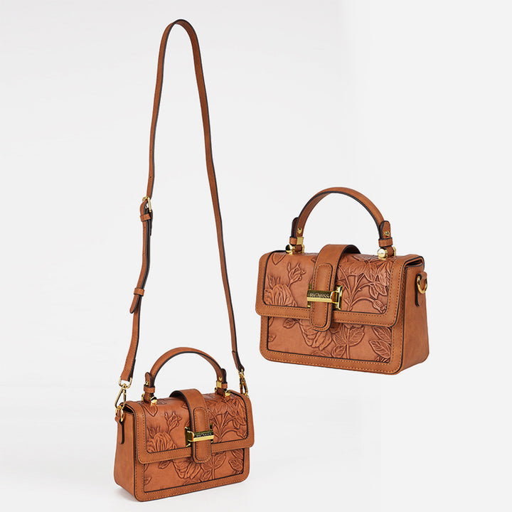 Quadratische Tasche mit Blumenmuster für Pendler, Clamshell-Handtasche aus Leder