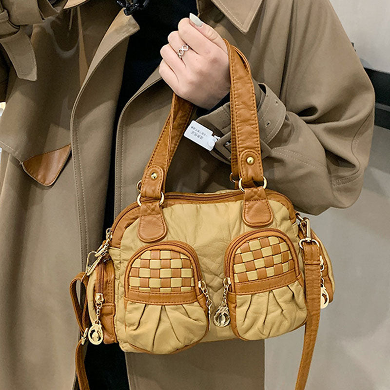 Karierte Handtasche in Kontrastfarbe für Damen, Umhängetasche aus weichem Leder