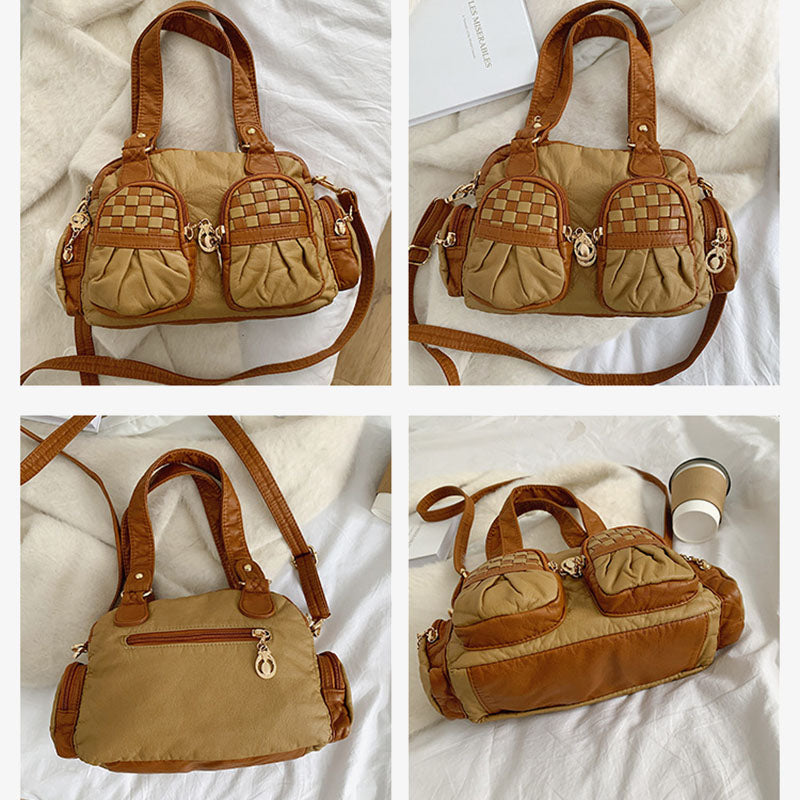 Karierte Handtasche in Kontrastfarbe für Damen, Umhängetasche aus weichem Leder