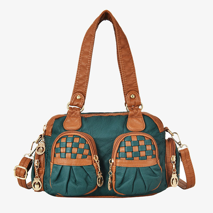 Karierte Handtasche in Kontrastfarbe für Damen, Umhängetasche aus weichem Leder