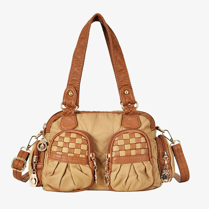 Karierte Handtasche in Kontrastfarbe für Damen, Umhängetasche aus weichem Leder