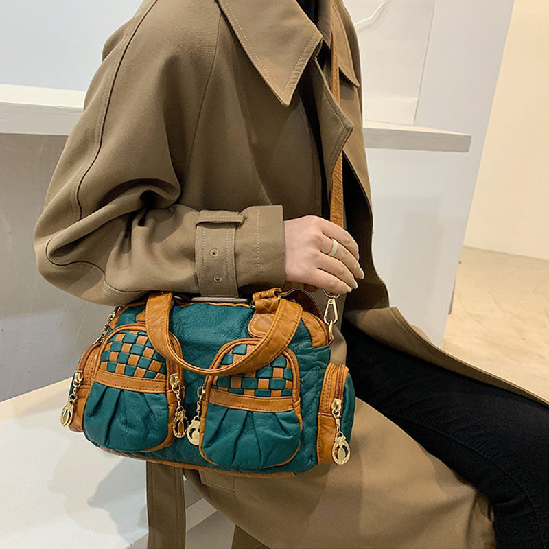 Karierte Handtasche in Kontrastfarbe für Damen, Umhängetasche aus weichem Leder