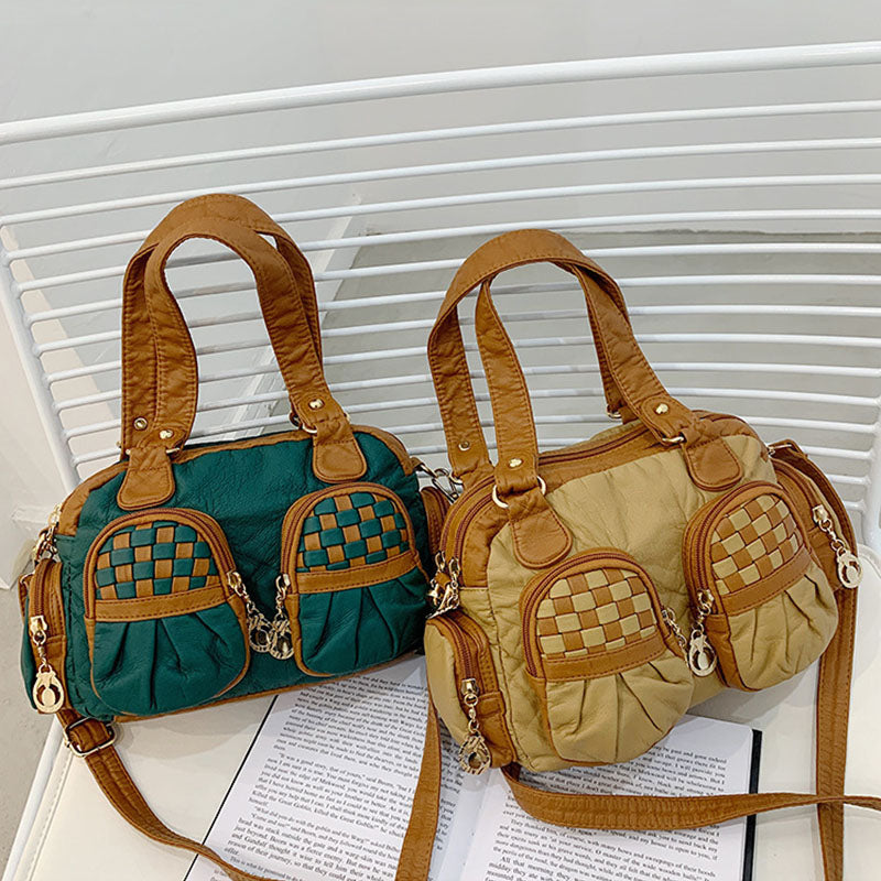 Karierte Handtasche in Kontrastfarbe für Damen, Umhängetasche aus weichem Leder