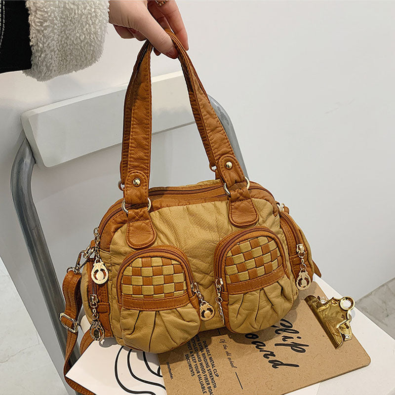 Karierte Handtasche in Kontrastfarbe für Damen, Umhängetasche aus weichem Leder