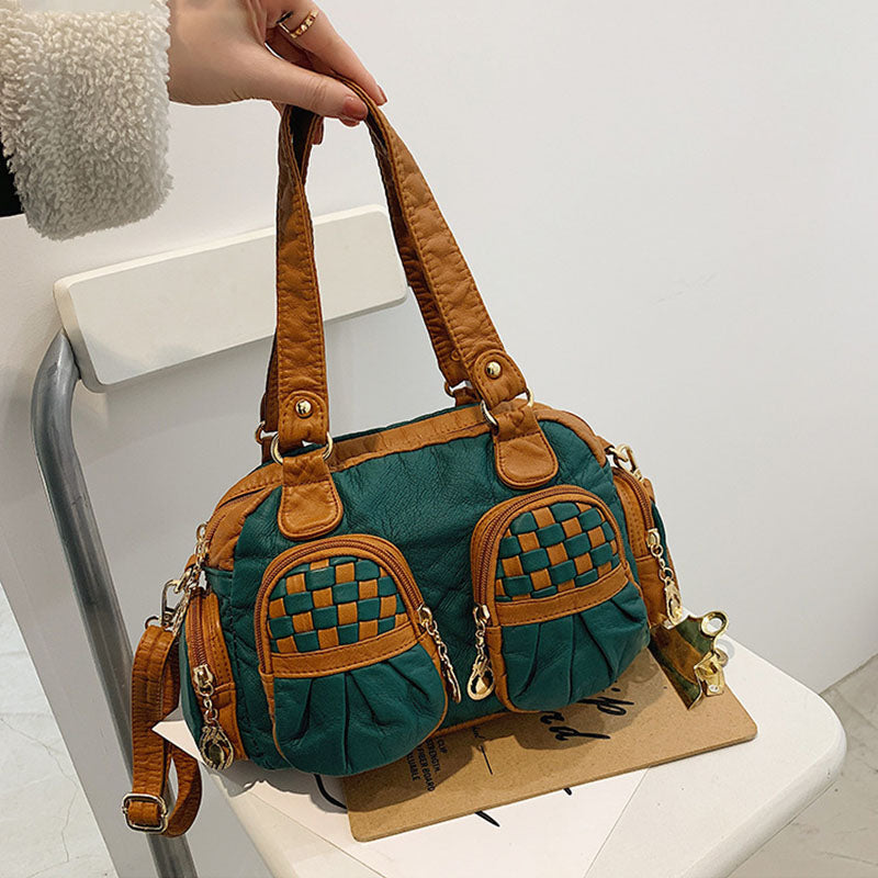 Karierte Handtasche in Kontrastfarbe für Damen, Umhängetasche aus weichem Leder