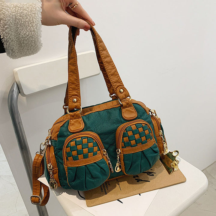 Karierte Handtasche in Kontrastfarbe für Damen, Umhängetasche aus weichem Leder