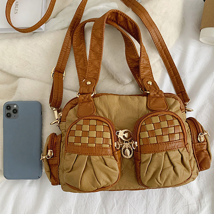 Karierte Handtasche in Kontrastfarbe für Damen, Umhängetasche aus weichem Leder