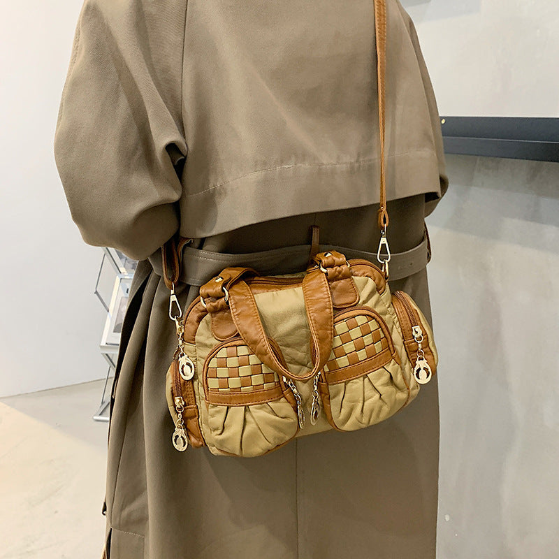 Karierte Handtasche in Kontrastfarbe für Damen, Umhängetasche aus weichem Leder