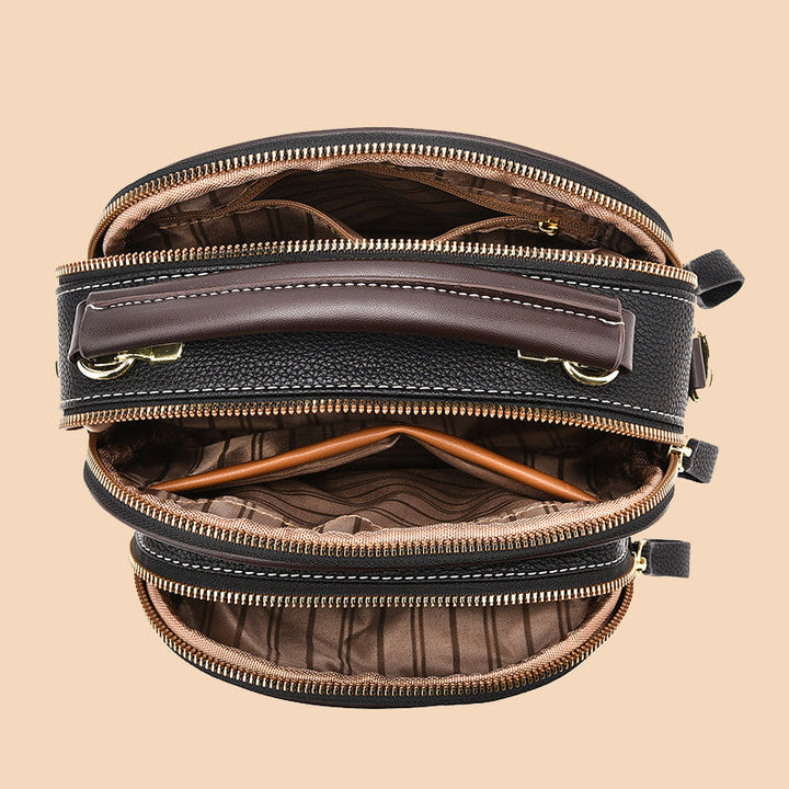 Runde Handtasche mit zwei Fächern für Damen, Dating-Umhängetasche aus Leder